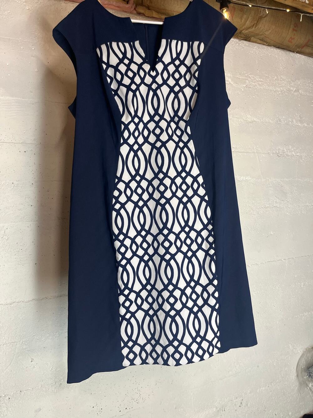 Dress Barn BLUE WHITE A LINE MIDI DRESS V-Neck